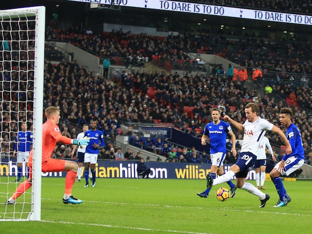 Harry Kane scores his second during the Premier League game between Tottenham Hotspur and Everton on January 13, 2018