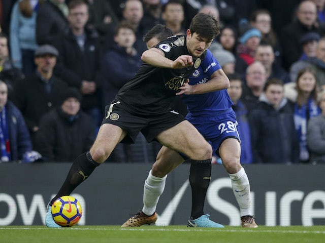 Big Harry Maguire in action during the Premier League game between Chelsea and Leicester City on January 13, 2018