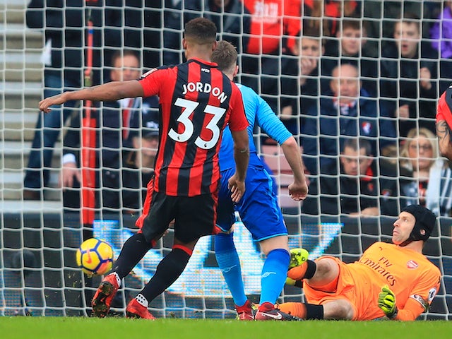 Jordon Ibe scores the Cherries' second during the Premier League game between Bournemouth and Arsenal on January 14, 2018