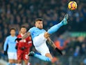Nicolas Otamendi in acrobatic action during the Premier League game between Liverpool and Manchester City on January 14, 2018