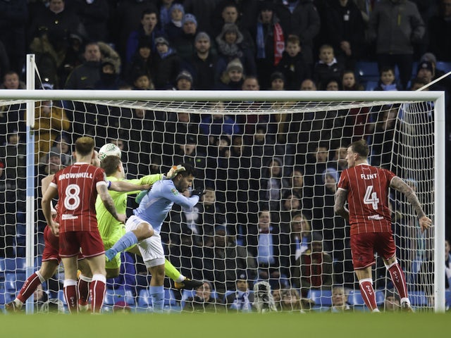 Sergio Aguero scores late on during the EFL Cup game between Manchester City and Bristol City on January 9, 2018