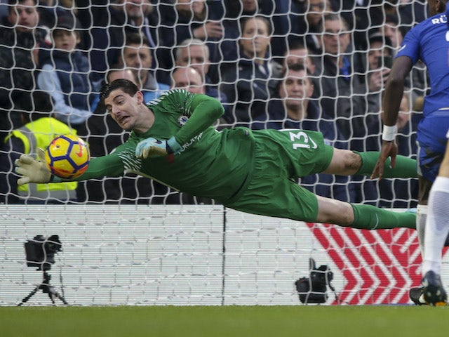 Thibaut Courtois makes a save during the Premier League game between Chelsea and Leicester City on January 13, 2018