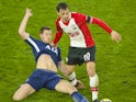 Jan Vertonghen and Manolo Gabbiadini in action during the Premier League game between Southampton and Tottenham Hotspur on January 21, 2018