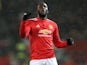 Romelu Lukaku celebrates scoring the third during the Premier League game between Manchester United and Stoke City on January 15, 2018