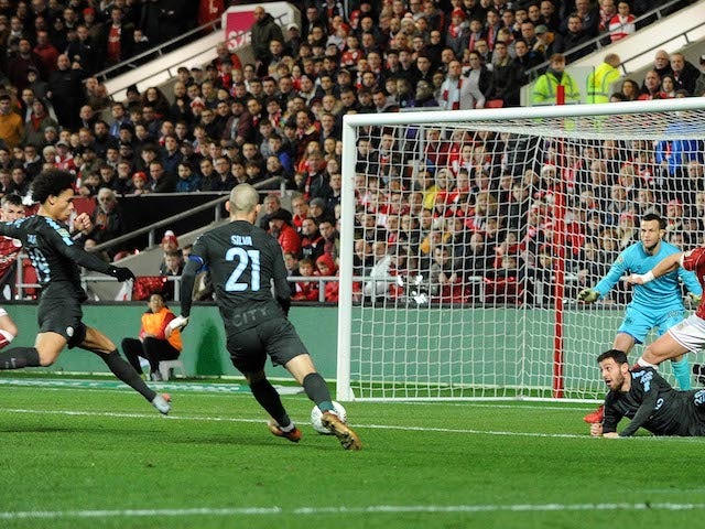 Leroy Sane scores the opener during the EFL Cup game between Bristol City and Manchester City on January 23, 2018