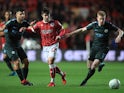 Liam Walsh, Sergio Aguero and Kevin De Bruyne in action during the EFL Cup game between Bristol City and Manchester City on January 23, 2018