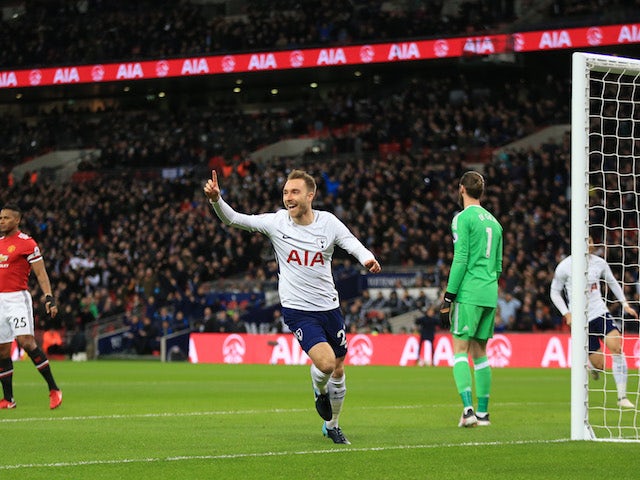 Christian Eriksen celebrates his opener during the Premier League game between Tottenham Hotspur and Manchester United on January 31, 2018