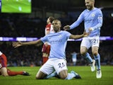 Fernandinho celebrates scoring during the Premier League game between Manchester City and West Bromwich Albion on January 31, 2018