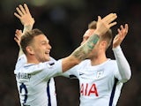 Kieran Trippier celebrates the second with Christian Eriksen during the Premier League game between Tottenham Hotspur and Manchester United on January 31, 2018