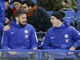 New teammates Olivier Giroud and Alvaro Morata sit side by side during the Premier League game between Chelsea and Bournemouth on January 31, 2018