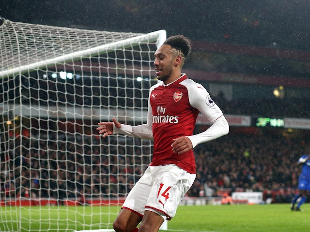 Pierre-Emerick Aubameyang celebrates scoring during the Premier League game between Arsenal and Everton on February 3, 2018