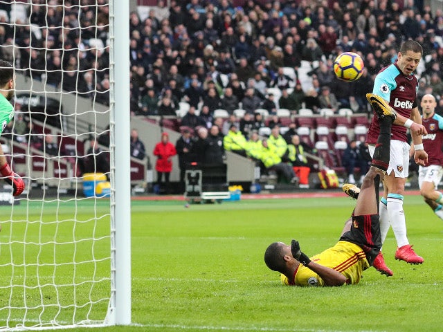 Javier Hernandez of West Ham United scores their first goal against Watford on February 10, 2018