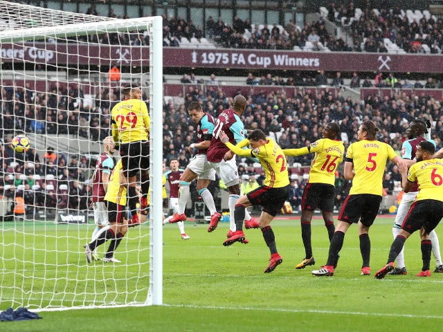 Javier Hernandez heads in for West Ham United against Watford but the goal is disallowed on February 10, 2018