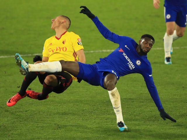 Tiemoue Bakayoko of Chelsea is shown a second yellow card for this foul on Richarlison of Watford on February 5, 2018