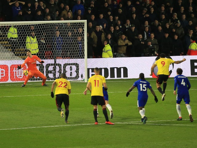 Troy Deeney of Watford scores a goal from the penalty spot against Chelsea on February 5, 2018