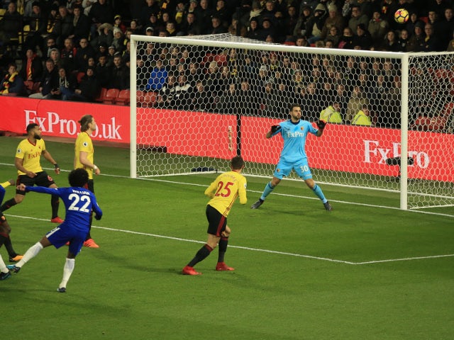 Willian of Chelsea shoots over the crossbar in the Premier League game against Watford on February 5, 2018