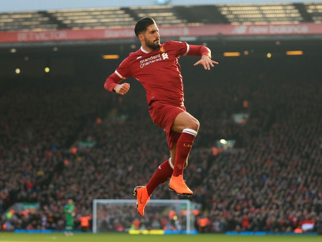 Emre Can of Liverpool celebrates after scoring their first goal against West Ham United on February 24, 2018