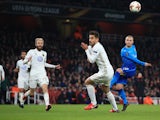 Jack Wilshere of Arsenal has a shot charged down during the Europa League match against Ostersunds on February 22, 2018