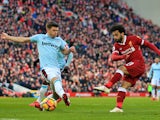 Mohamed Salah of Liverpool scores their second goal against West Ham United on February 24, 2018