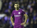 Sergio Aguero in action during the FA Cup game between Wigan Athletic and Manchester City on February 19, 2018