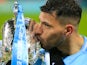 Manchester City striker Sergio Aguero kisses the EFL Cup on February 25, 2018