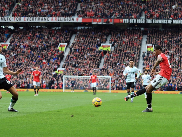 Marcus Rashford scores the second during the Premier League game between Manchester United and Liverpool on March 10, 2018