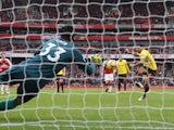 Petr Cech saves Troy Deeney's penalty during the Premier League game between Arsenal and Watford on March 11, 2018