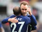 Christian Eriksen celebrates with Lucas Moura after scoring during the FA Cup quarter-final between Swansea City and Tottenham Hotspur on March 17, 2018