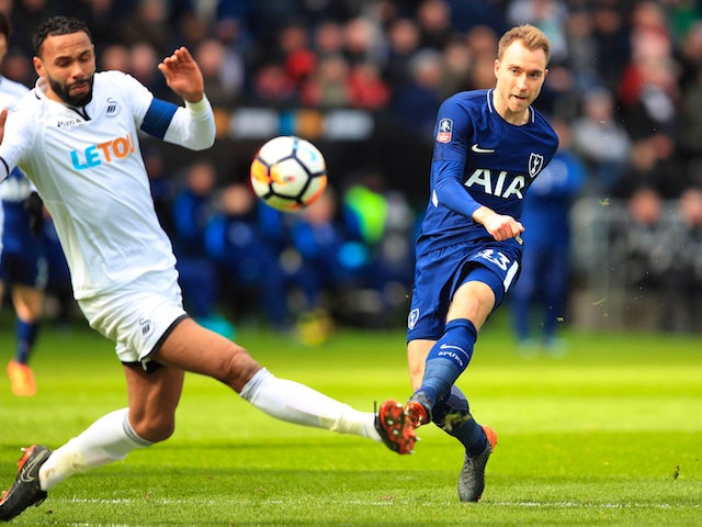 Christian Eriksen scores the opener during the FA Cup quarter-final between Swansea City and Tottenham Hotspur on March 17, 2018