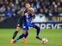 Eden Hazard grapples with Riyad Mahrez during the FA Cup quarter-final between Leicester City and Chelsea on March 18, 2018