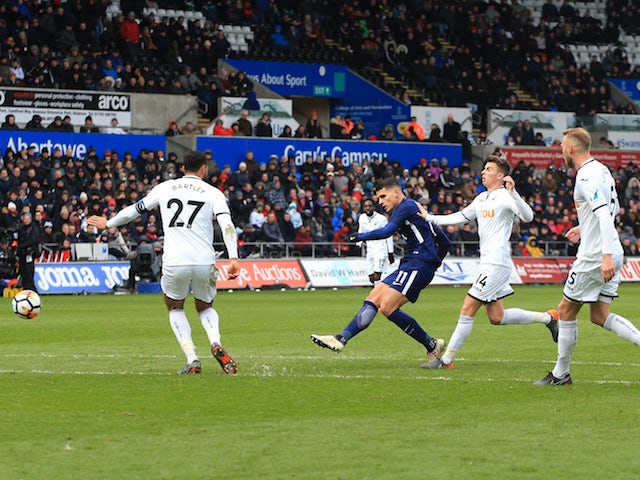 Erik Lamela scores the second during the FA Cup quarter-final between Swansea City and Tottenham Hotspur on March 17, 2018