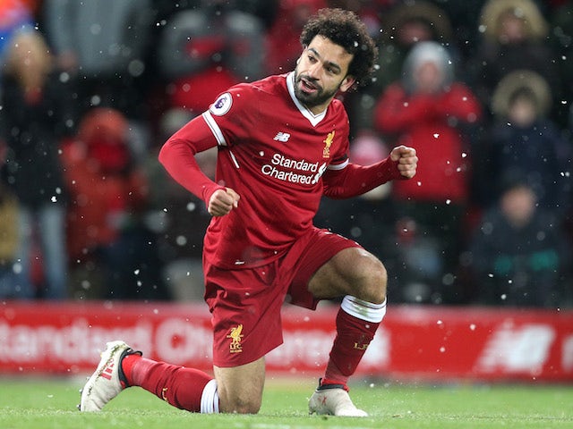 Mohamed Salah celebrates during the Premier League game between Liverpool and Watford on March 17, 2018