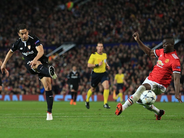 Wissam Ben Yedder scores the opener during the Champions League round-of-16 game between Manchester United and Sevilla on March 13, 2018