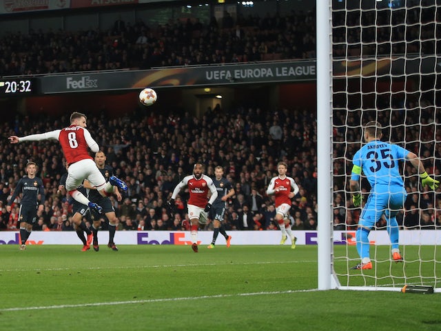 Aaron Ramsey scores the third during the Europa League quarter-final game between Arsenal and CSKA Moscow on April 5, 2018