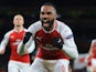 Alexandre Lacazette celebrates scoring the Gunners' second during the Europa League quarter-final game between Arsenal and CSKA Moscow on April 5, 2018
