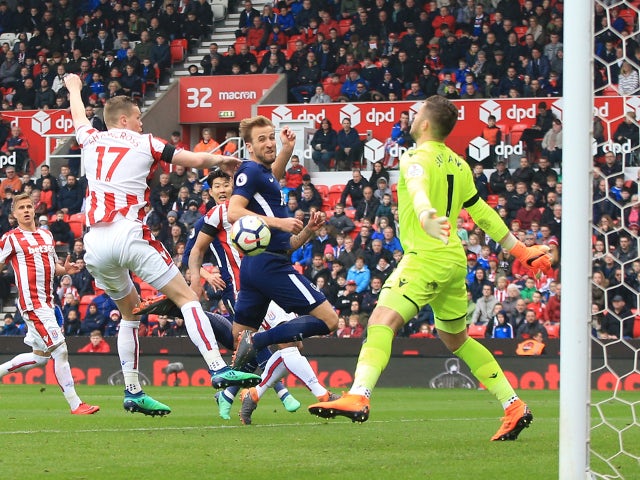 Harry Kane scores for Tottenham Hotspur against Stoke City on April 7, 2018