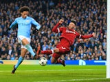 Leroy Sane's goal is ruled offside in the Champions League quarter-final second leg between Manchester City and Liverpool on April 10, 2018