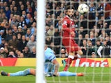Mohamed Salah scores during the Champions League quarter-final second leg between Manchester City and Liverpool on April 10, 2018