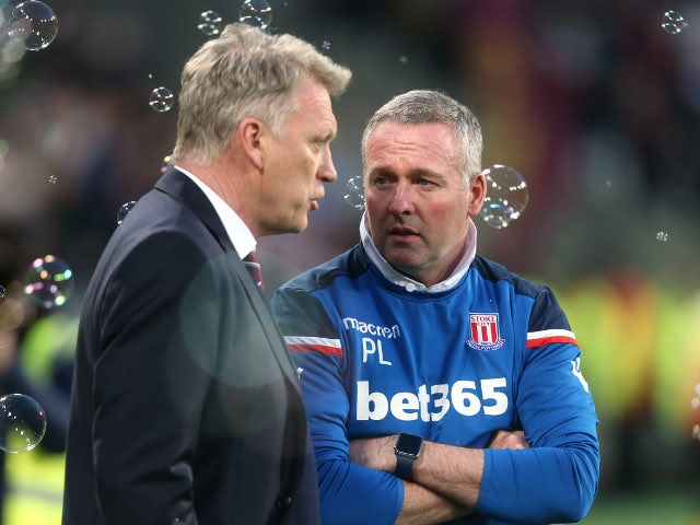 David Moyes and Paul Lambert at the Premier League match between West Ham United and Stoke City on April 16, 2018