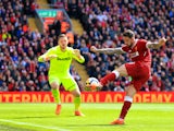 Danny Ings's goal is disallowed in the Premier League match between Liverpool and Stoke City on April 28, 2018