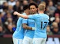 Leroy Sane celebrates scoring the opener during the Premier League game between West Ham United and Manchester City on April 29, 2018