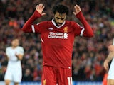 Mohamed Salah celebrates scoring the second during the Champions League semi-final game between Liverpool and Roma on April 24, 2018