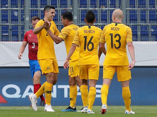 Andrew Nabbout celebrates scoring his side's second during the friendly between Australia and the Czech Repubic on June 1, 2018