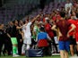 Turkey's Cenk Tosun gestures after being sent off in the friendly against Tunisia on June 1, 2018