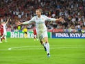 Gareth Bale celebrates scoring during the Champions League final between Real Madrid and Liverpool on May 26, 2018