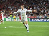 Gareth Bale celebrates scoring during the Champions League final between Real Madrid and Liverpool on May 26, 2018