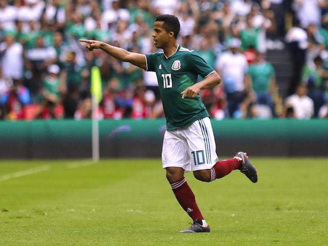 Giovani dos Santos celebrates scoring during the international friendly between Mexico and Scotland on June 3, 2018