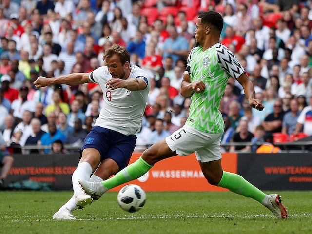 Harry Kane scores the second during the international friendly between England and Nigeria at Wembley on June 2, 2018