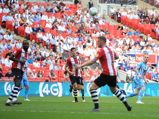 Jack Grimmer makes it three during the League Two playoff final between Exeter City and Coventry City on May 28, 2018