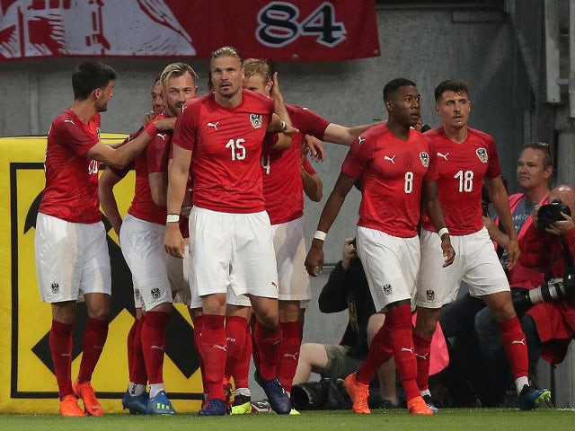 Austria's Martin Hinteregger celebrates scoring their first goal against Germany on June 2, 2018